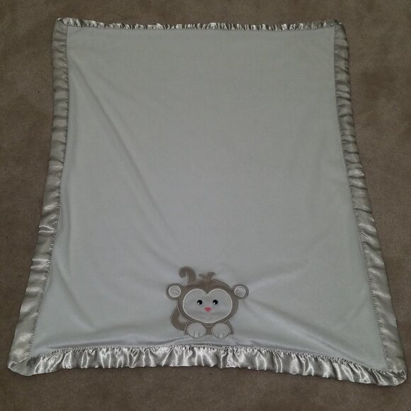 Blankets & Beyond White Tan Monkey Fleece Baby Blanket Lovey 28"x34" Satin Trim - Picture 4 of 5